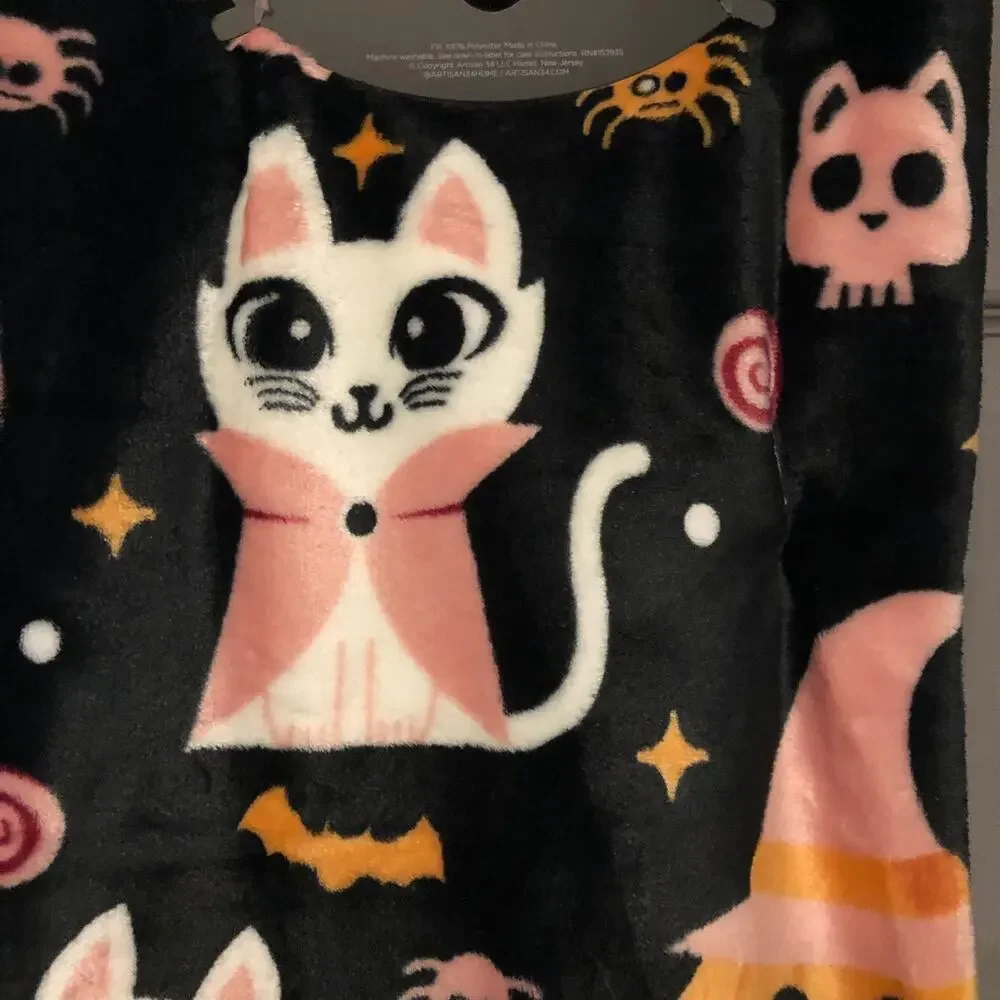 New Halloween Cat Skull Ghost Spider Vampire Pumpkin Throw Blanket Black Pink